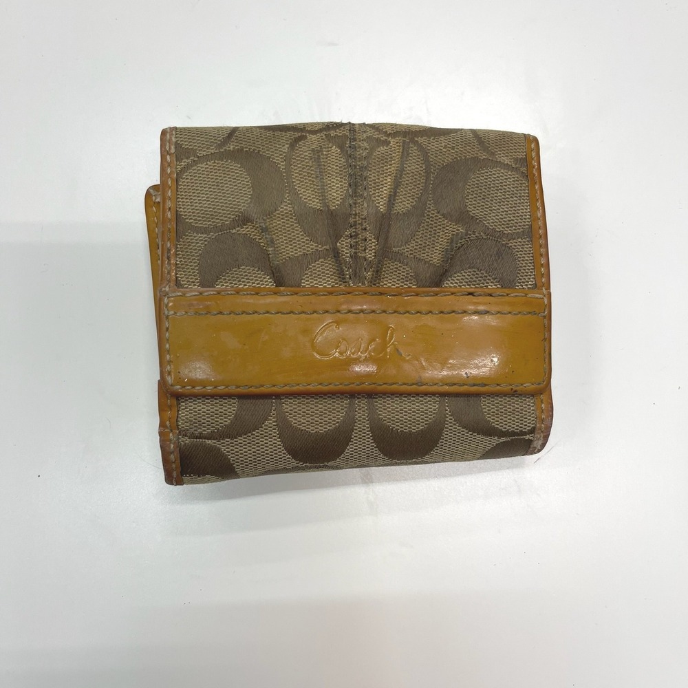 Coach Signature C Monogram Compact Trifold Wallet Tan Brown Patent Leather